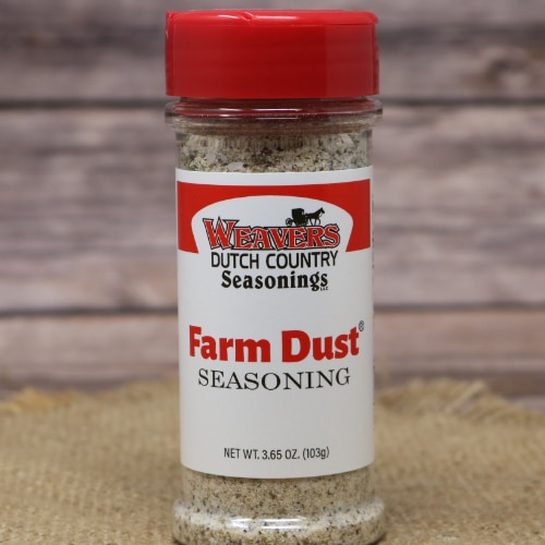 A jar of Weaver's Dutch Country Seasonings Farm Dust Seasoning with a red lid.