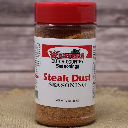 A jar of Weaver's Dutch Country Seasonings Steak Dust Seasoning with a red lid.