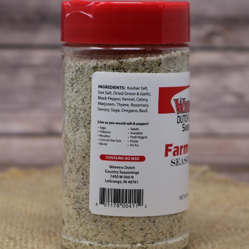 Label on the jar of Weaver’s Farm Dust Seasoning lists ingredients and suggests uses like a salt and pepper alternative.