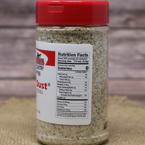 Nutritional facts label on a jar of Weaver's Farm Dust Seasoning, highlighting the spice blend's serving size and calorie information.