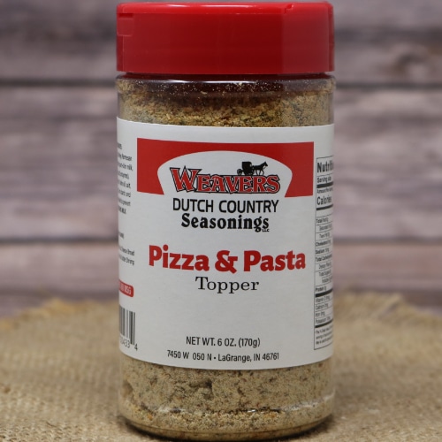 A jar of Weaver's Dutch Country Seasonings Pizza & Pasta Topper with a red lid.