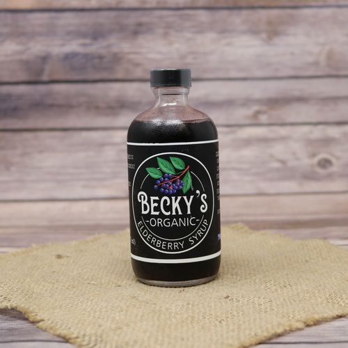 Bottle of Becky's organic elderberry syrup