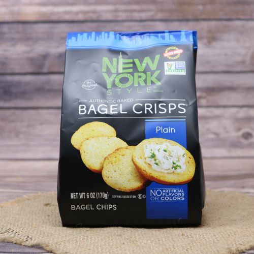 Black plastic bag with blue accents and a picture of New York style plain bagel crisps, sitting on a burlap material with wood background