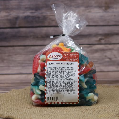 Clear plastic Ashery bag with red and white sticker label filled with colorful candies