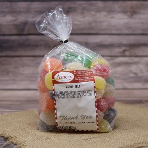 Clear plastic Ashery bag with red and white sticker label filled with colorful candies