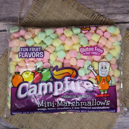 Clear plastic bag of multicolored marshmallows with a purple label