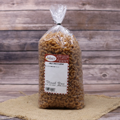 plastic bag of whole grain elbow pasta with a red and white label