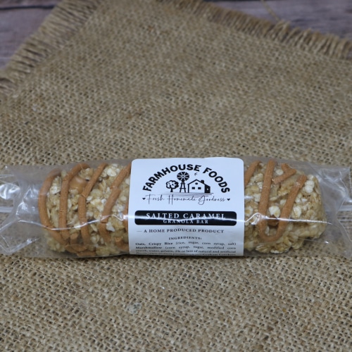 Granola bar wrapped in a clear plastic wrapper with a white label