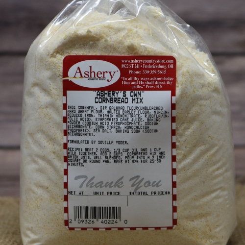 Label for Ashery's Own Cornbread Mix showing ingredients and preparation instructions.