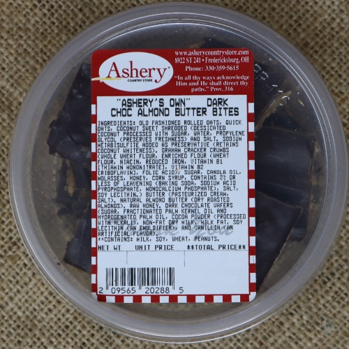 Label for Ashery's Own Dark Chocolate Almond Butter Bites showing ingredients and nutritional information.