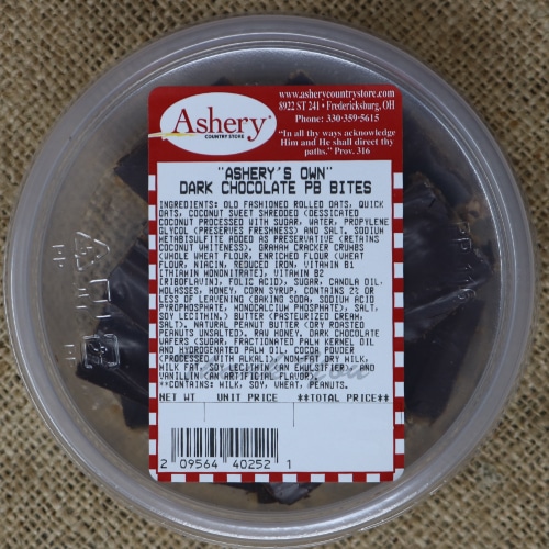 Label for Ashery's Own Dark Chocolate Peanut Butter Bites showing ingredients and allergen information.