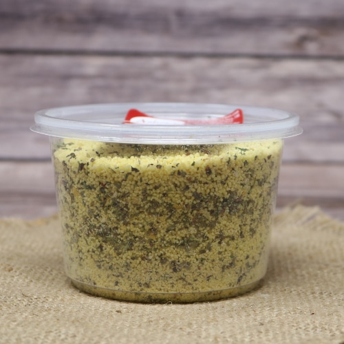 Side view of a container of Ashery's Own Cous Cous with Pesto.