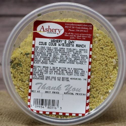Label for Ashery's Own Cous Cous with Siesta Ranch showing ingredients and preparation instructions.