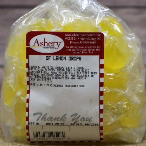 Label for Ashery's Own Sugar-Free Lemon Drops showing ingredients and a health warning.