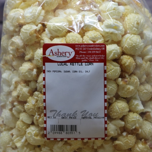 Label for Ashery's Own Local Kettle Corn showing ingredients.