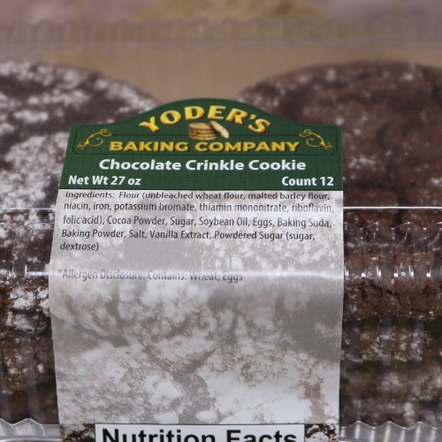 Label for Yoder's Baking Company Chocolate Crinkle Cookie package showing ingredients and nutrition facts.
