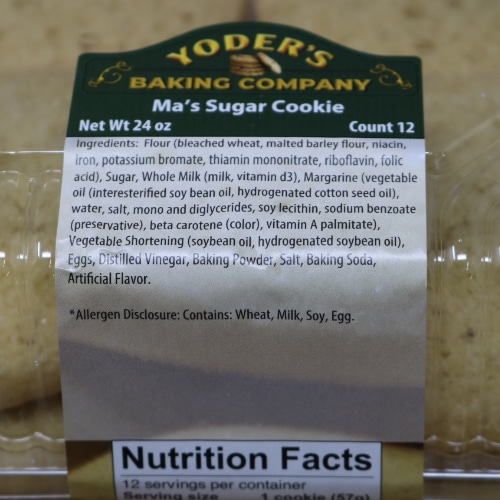 Label for Yoder's Baking Company Ma's Sugar Cookie package showing ingredients and nutrition facts.